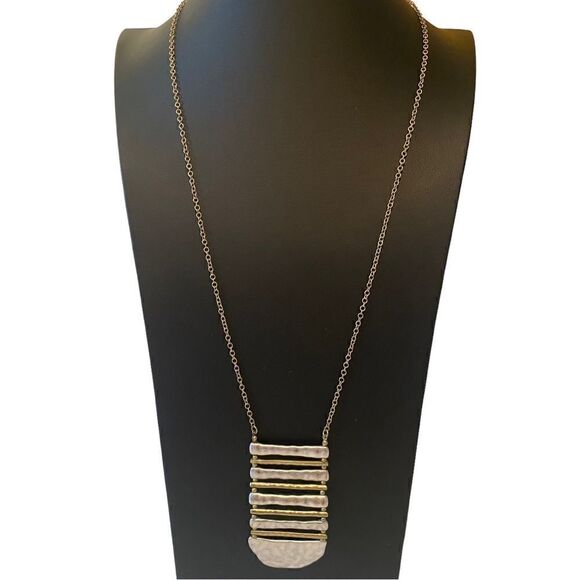 Hammered Silver & Gold Toned Drop Pendant Necklace on extra long chain. - Picture 2 of 8